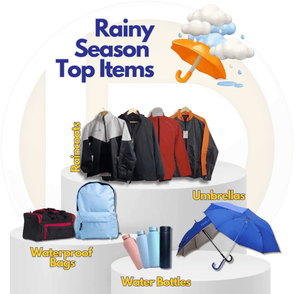 Rainy Season Top items (Raincoats, Waterproof bags, Water bottles, umbrellas)